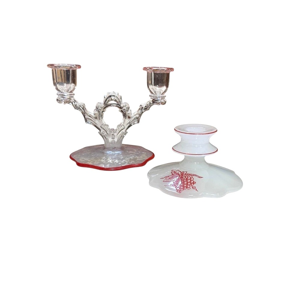 Vintage Mismatched Glass Candle Holder Set Red Trim Candelabra & Grape Motif